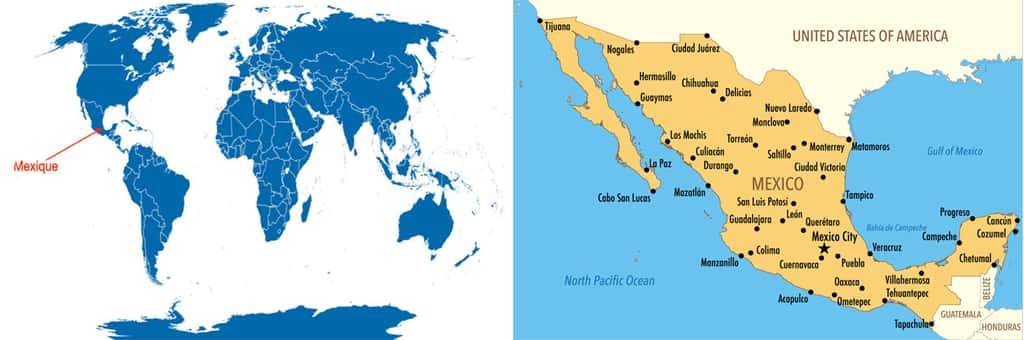 Carte du Monde © Peter Hermes Furian / Carte du Mexique © Dimitrios, Adobe stock